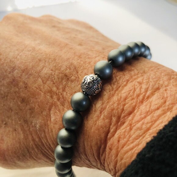 David Yurman Men's Spiritual Bead Bracelet Matte Hematite 8mm & Silver Wave 8.25 - Picture 3 of 7